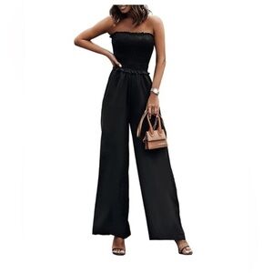 Women’s Black Smocked Jumpsuit Wide Leg Stretch Coverup Vacation Large